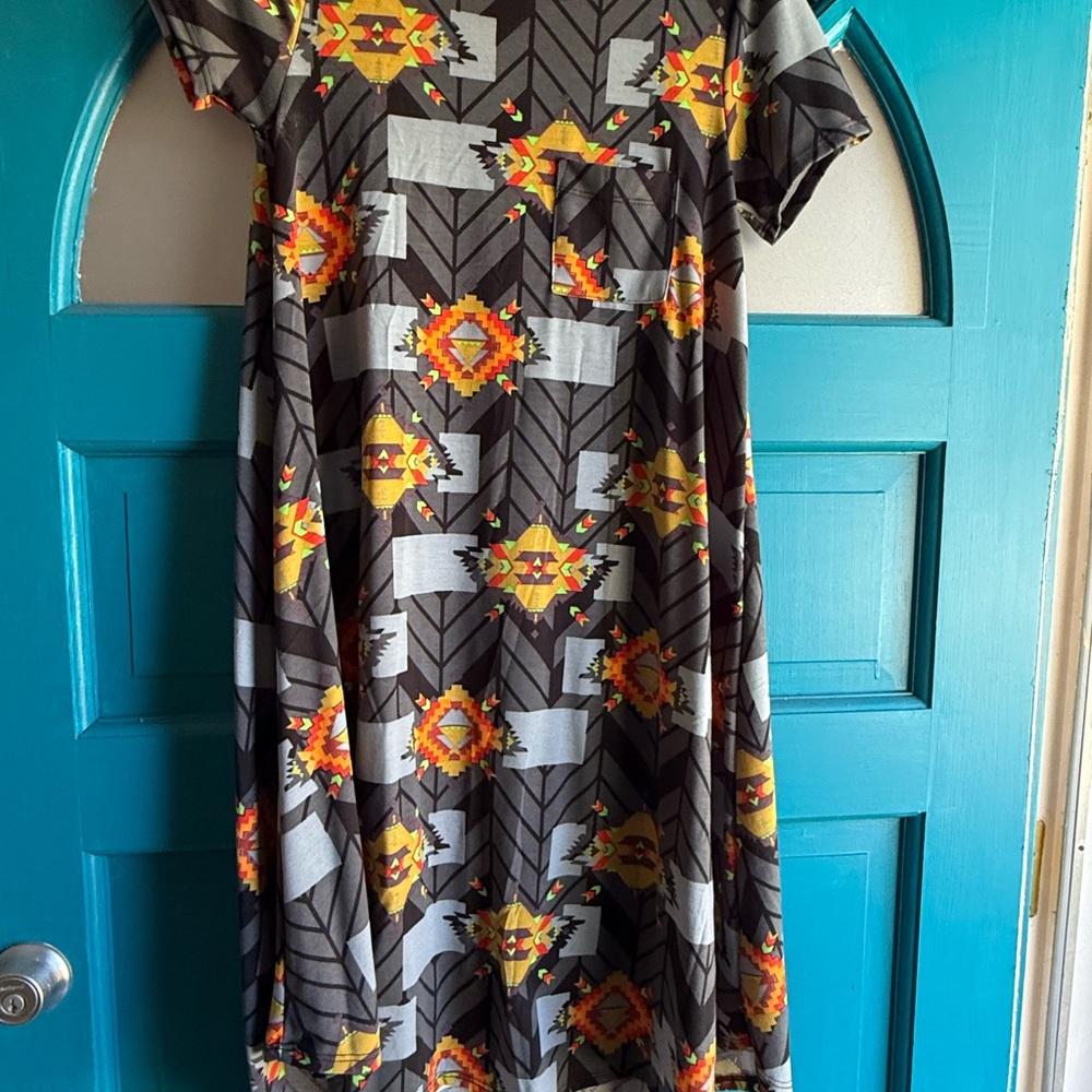LuLaRoe Gray Dress with Orange and Yellow Accents